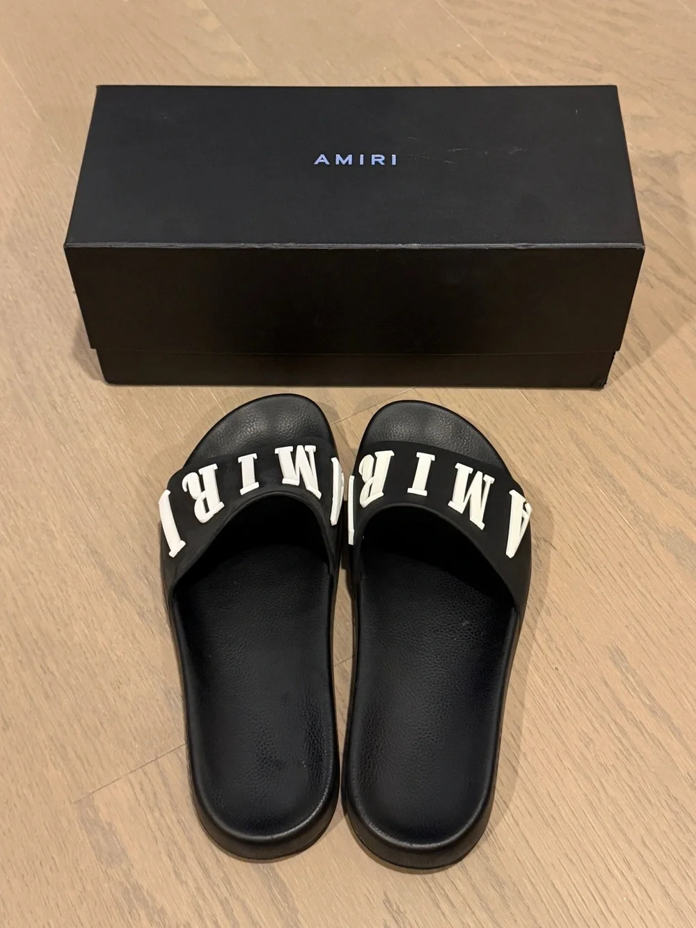 AMIRI Black Slides with White Logo Strap